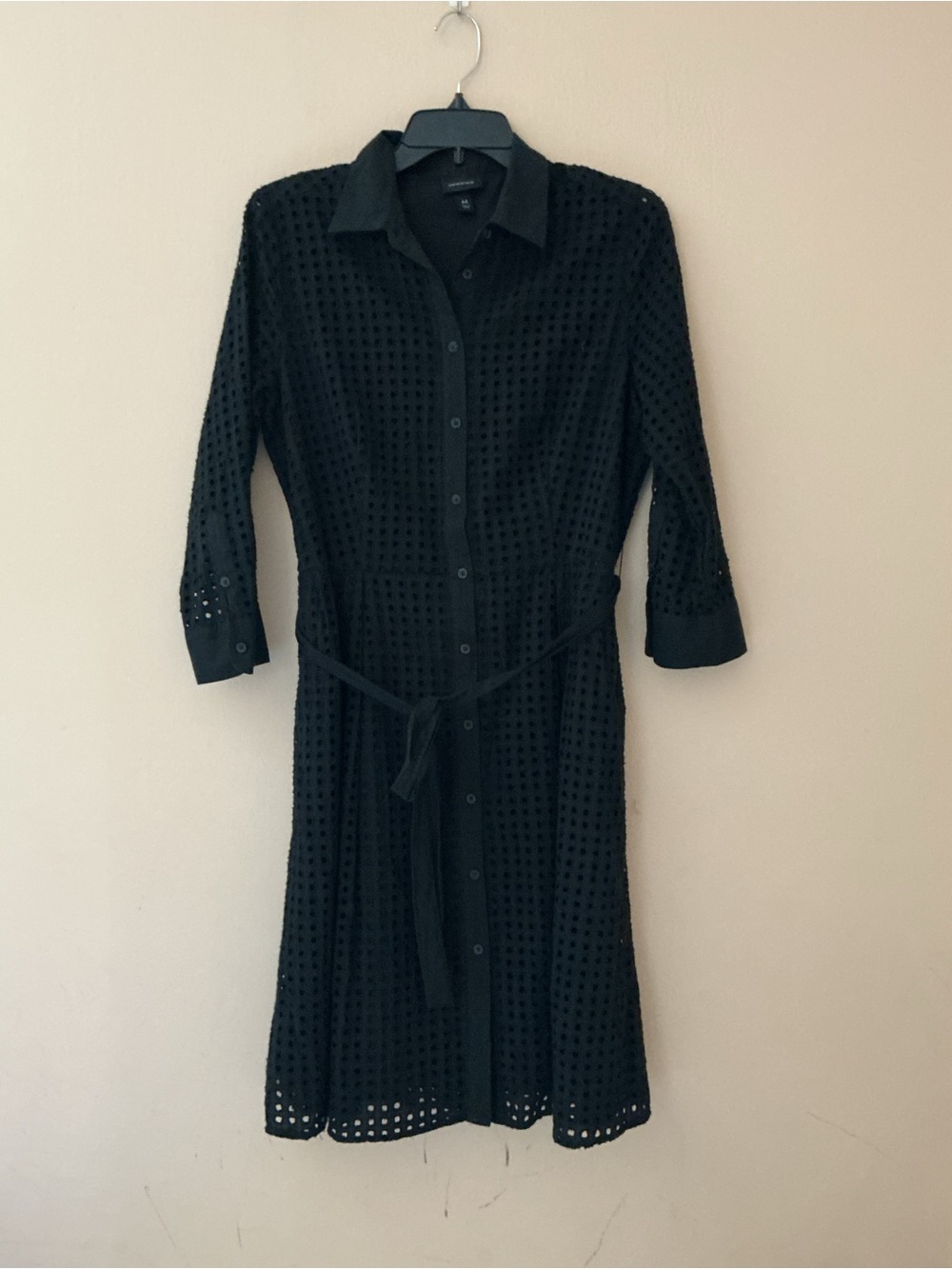 Who What Wear Black Eyelet Midi Shirt Dress with Waist Tie